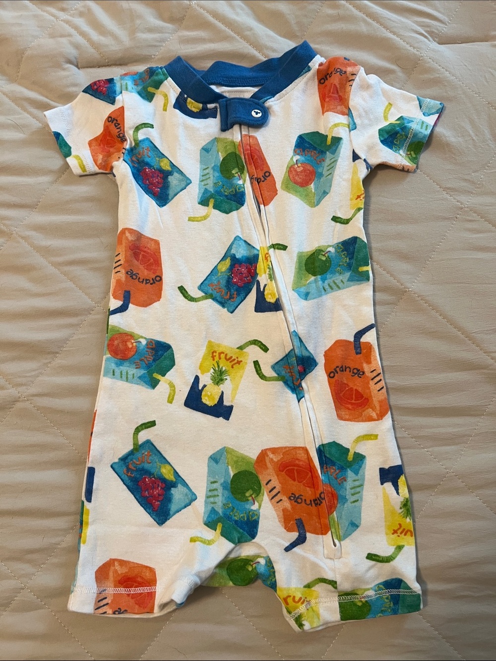 Kids Short-Sleeve Juice Box Print Pajama Romper - White with Blue Trim